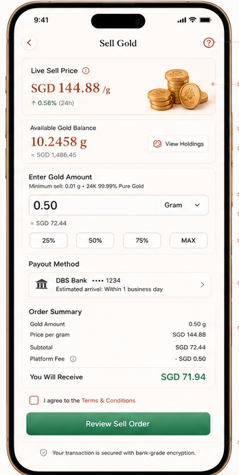 MyGrow Gold Sell Gold app screen